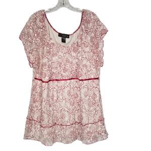 Venezia Romantic Lace Overlay Top Plus Size 26 28 Cream Maroon Floral Flowy